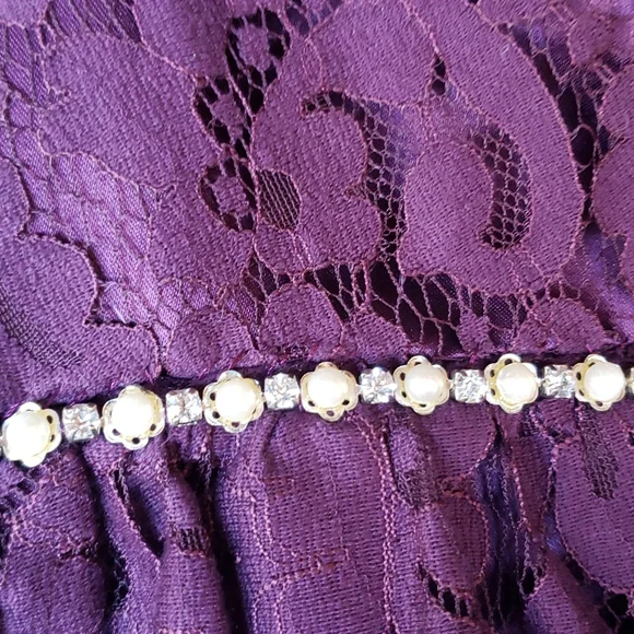 CHRISTINA WU Aubergine Purple Lace Pearl & Diamond Waist Short Formal Dress 12 - Picture 4 of 7